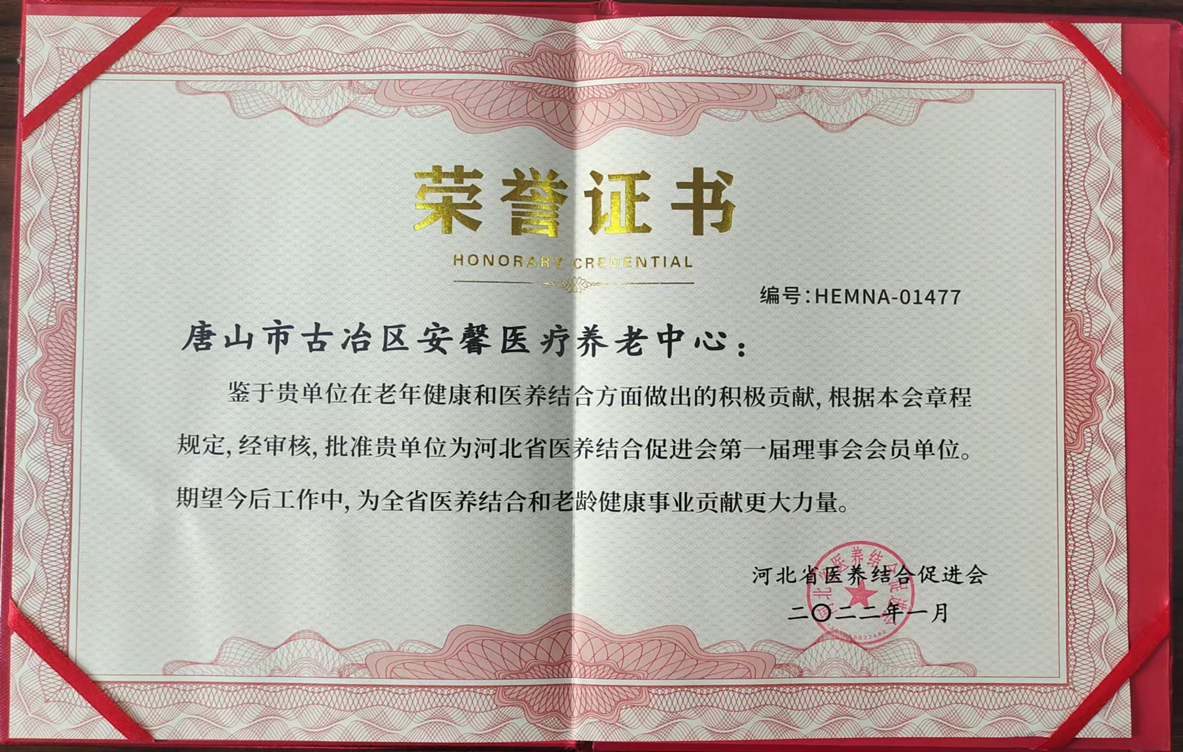 河北省医养结合促进会荣誉证书